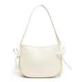 Minimalist cream white oil wax leather crescent bucket bag with bow drawstring details - White