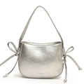 Minimalist silver bucket bag with metallic texture and decorative side bows - Silver