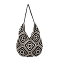 Handgefertigte gehäkelte Hobo-Tasche mit schwarz-weißem böhmischen Blumenmuster - Schwarz