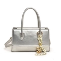 Silver metallic square handbag with FASHION & YM print and decorative bell charm - Silver