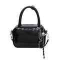 Glossy black mini square handbag with silver metal chains and charms accessories - Black