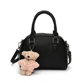 Chic black litchi grain bowling bag with cute pink bear charm and silver hardware - Black With Teddy Dog Charm