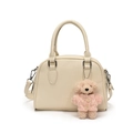 Creamy white litchi pattern leather Boston handbag with pink sweater teddy bear charm - Creamy White With Teddy Dog Charm