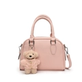Pink lychee texture leather bowling bag with cute bear charm and silver hardware - Pink With Teddy Dog Charm