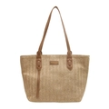 Large capacity beige straw woven tote bag with brown leather shoulder straps for women - Brown