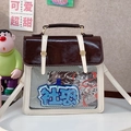 Japanese style brown and white Ita Bag with clear window and contrast PU leather accents - White & Coffee