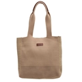 Minimalist beige woven tote bag with brown leather handles and square brand patch - Khaki