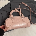 Pink oily wax leather bowling bag with round handles and adjustable shoulder strap - Cherry Blossom Pink (Without Charm)
