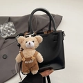 Black oil-wax leather bucket bag with a cute bear pendant for daily commuting - With Pendant / Black