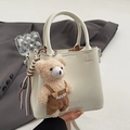 White oil-wax leather bucket bag with cute bear pendant and detachable shoulder strap - With Pendant / White