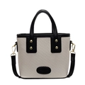 Bolso tote minimalista de tejido beige con asas negras y remaches de metal dorados - Negro y Blanco