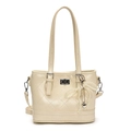 Creamy white quilted bucket bag with pearl bow pendant and silver twist lock detail - Pearl Bow Charm / Off White