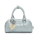 Minimalist light blue patent leather bowling bag with pearl heart charm and top handles - Sea Salt Blue With Artificial Pearl Heart Charm