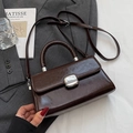 Elegant dark brown leather crossbody bag with silver buckle in retro french style - No Pendant / Brown