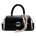 Minimalist black patent leather crossbody bag with silver buckle and braided charm - With Racket Pendant / Black