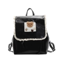 Zaino dolce in pelle PU nera da donna con bordo in pizzo bianco e dettaglio applicazione orso - Nero