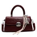 Minimalist wine red square crossbody bag in glossy finish with sporty tennis racket charms - With Racket Pendant / Burgundy