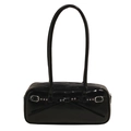 Retro black patent leather underarm bowling bag with silver buckles and bow detail - Black