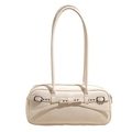 Chic cream white bowling shoulder bag with leather straps and metallic rivet details - White