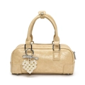 Chic beige wrinkled leather bowling bag with pearl heart charm and silver metal rings - Pear Yellow With Artificial Pearl Heart Charm