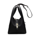 Minimalist black lychee leather handbag with golden hardware and adjustable strap - Black