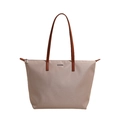 Minimalistische beige Nylon-Einkaufstasche mit braunen Ledergriffen für Damen - Khaki