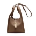 Brown lychee leather bucket bag with top handles and adjustable shoulder strap - Khaki