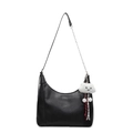 Black lychee textured crescent tote bag with silver chain strap and plush charm - Black (With Cloud Pendant)
