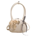 Beige bowling handbag in litchi grain leather with lace bow and plaid ribbon detail - White