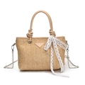 Woven straw bucket bag with white lace ribbon and silver chain strap for women - Khaki