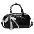Borsa Boston nera lucida con manici in pizzo e fiocco decorativo per donna, primavera 2025 - Nero