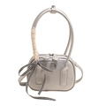 Silver metallic bowling handbag with lychee texture, bow ribbon and lace details - Silver