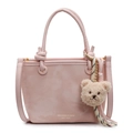Pink matte leather bucket bag with top handles and a beige plush bear charm - Pink With Bear Charm