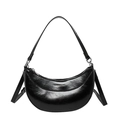 Glossy black crescent shoulder bag in oil wax leather with removable straps - Black
