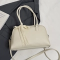 Chic milky white Boston bag in litchi leather with elegant lace bow and crossbody strap - Off-white - No Pendant
