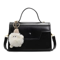 Borsa a mano nera in pelle minimalista con bottone rotondo e charm in peluche bianco - Nero Con Ciondolo