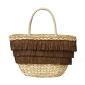 Böhmische gewebte Strohhandtasche in Beige und Kaffeebraun mit stilvollen Fransen - Braun