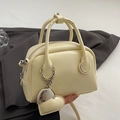 Chic cream oil wax leather bowling bag with heart charm and twin top handles for women - Light Yellow (With Heart Charm)