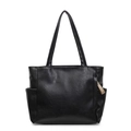 Classic black faux leather tote bag with side pockets and elegant shoulder straps - Black