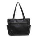 Classic black faux leather tote bag with functional side pockets and front metal buckle detail - Black