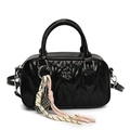 Chic black glossy quilted satchel bag with braided rope charm and silver hardware - Black (With Pendant)