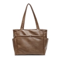 Large capacity dark brown PU leather tote bag with side pockets and front silver snap button - Coffee