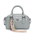 Quilted light gray mini boston bag with geometric stitching and colorful woven rope charm - Light Blue (With Charm)