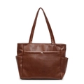 Brown faux leather tote bag with lychee texture and silver buckle pocket detail - Brown