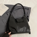 Black lychee texture leather hobo shoulder bag with adjustable silver buckle strap - Black - Without Pendant