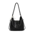 Black pebbled leather hobo tote bag with lace bow and pearl charms for women - Black + Lace Pearl Bow