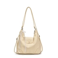 Creamy beige pebbled leather tote bag with lace bow and pearl charm strap detail - Off-White with Lace Pearl Bow