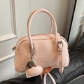 Minimalist light pink Boston style faux leather handbag with heart pendant charm - Pink (With Heart Pendant)