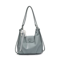 Light blue lychee texture leather tote bag with lace pearl pendant and adjustable strap - Blue + Lace Pearl Bow