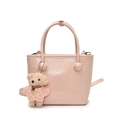 Minimalist light pink PU leather bucket bag with top handle and cute bear charm pendant - Pink With Pink Sweater Dog